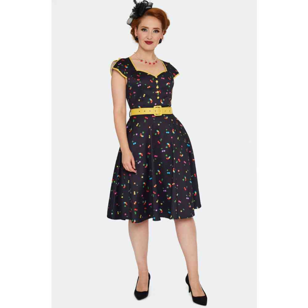 Voodoo Vixen - Rainbow Cherry Print Flare Kleid - Schwarz/Regenbogen